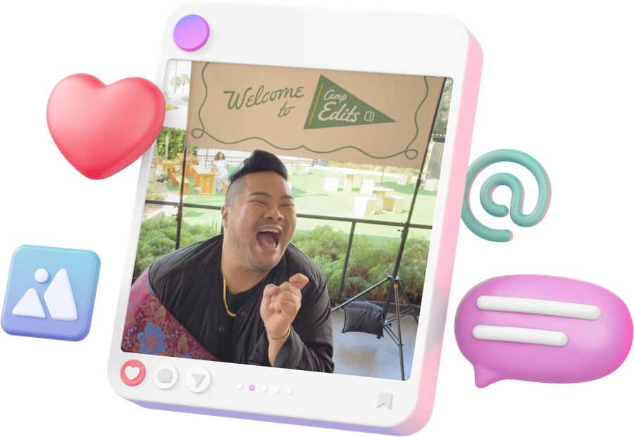 I’m laughing beneath a Welcome to Camp Edits sign inside a playful social-media frame.