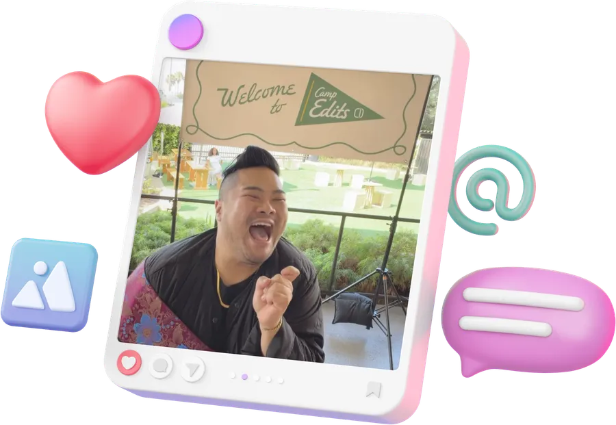 I’m laughing beneath a Welcome to Camp Edits sign inside a playful social-media frame.