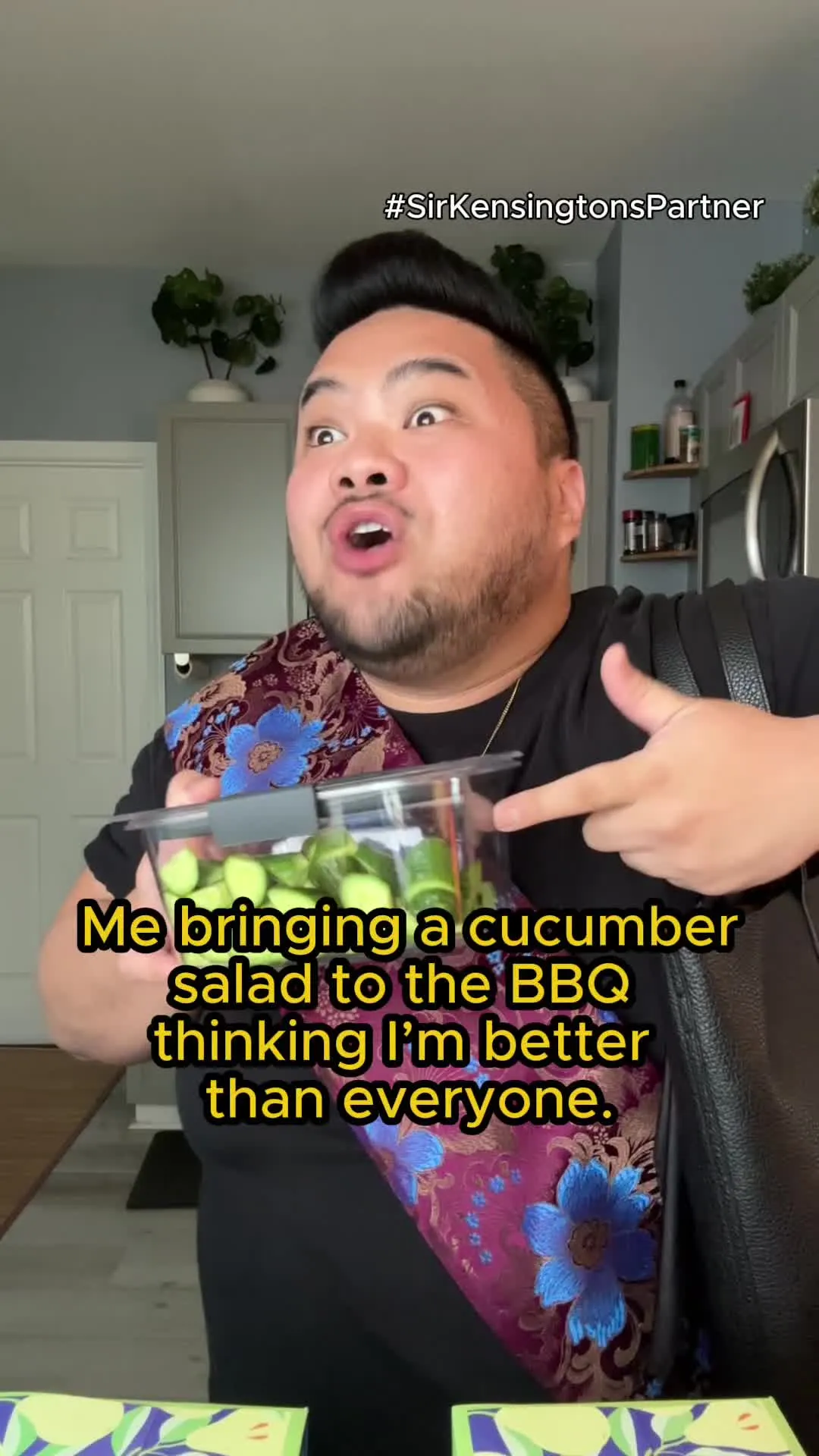 I point to cucumber salad in a paid Sir Kensington’s food partnership.
