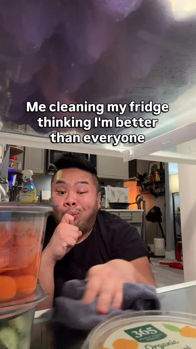 I clean inside a refrigerator beneath text about cleaning my fridge and thinking I am better than everyone.