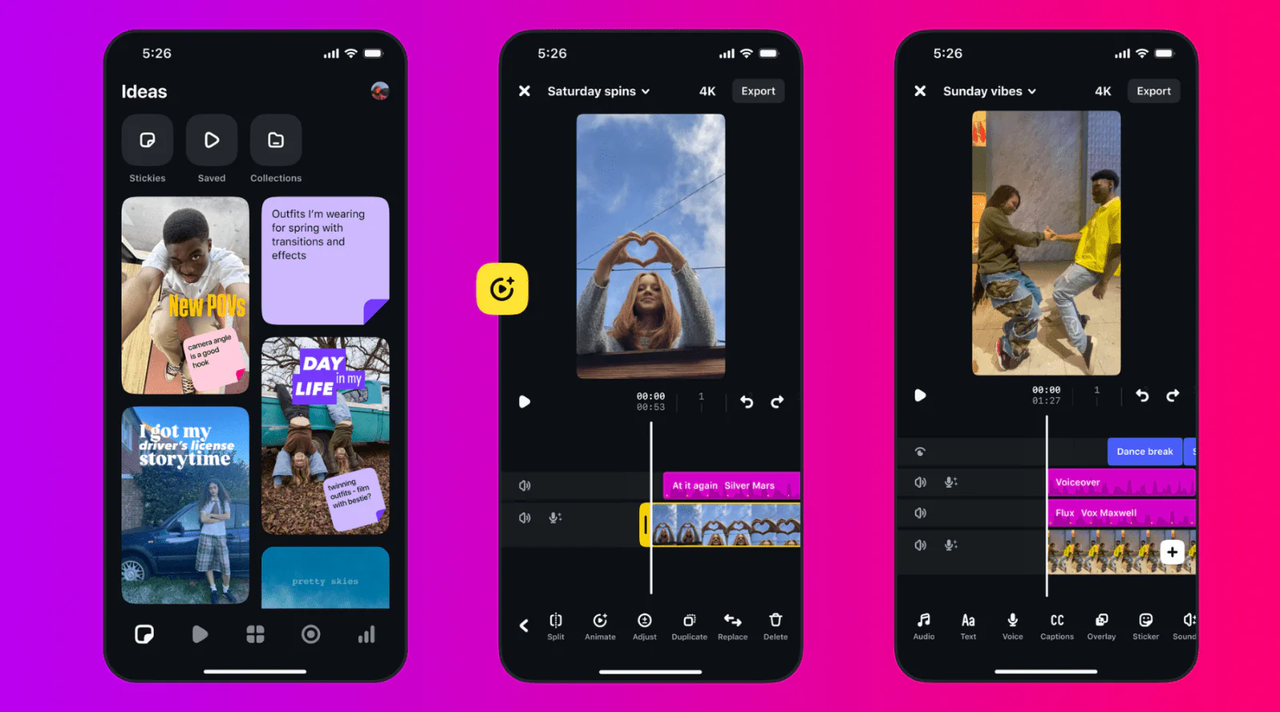 Three Instagram Edits app screens showing ideas, a video timeline, and layered audio and captions against an Instagram gradient.