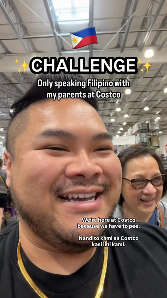 RV Mendoza shopping at Costco with his parents while speaking Tagalog.