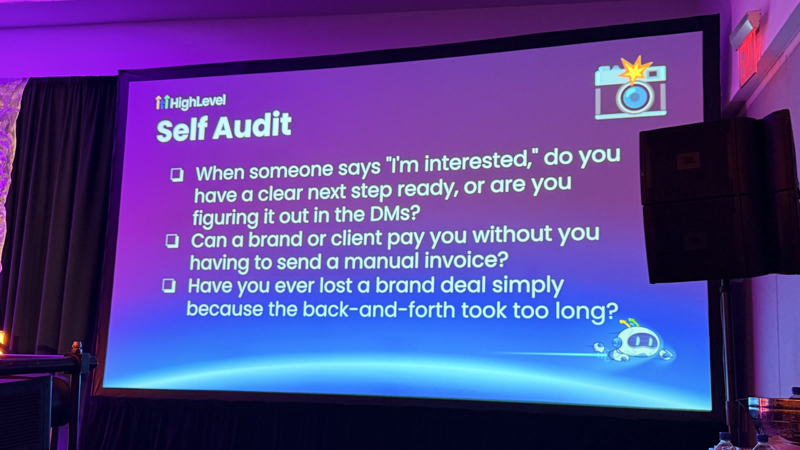 A self-audit slide asks whether interested customers have clear next steps and whether invoices and brand-deal follow-up still require manual work.