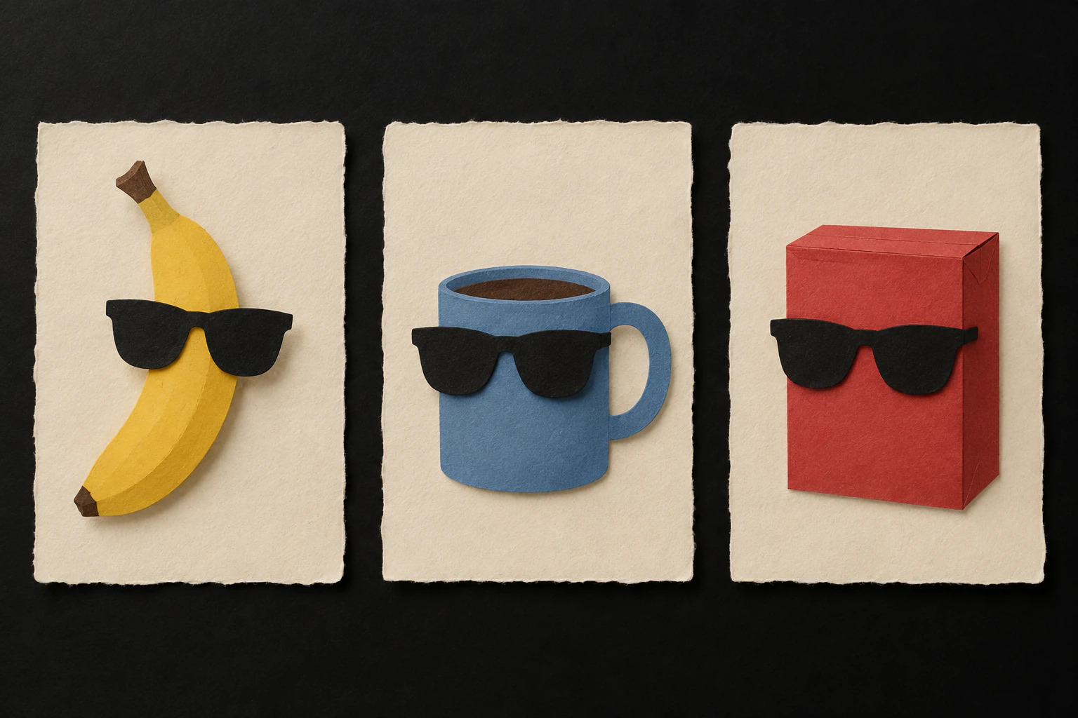 Three paper-cut cards show a banana, mug, and red product box wearing identical black sunglasses.