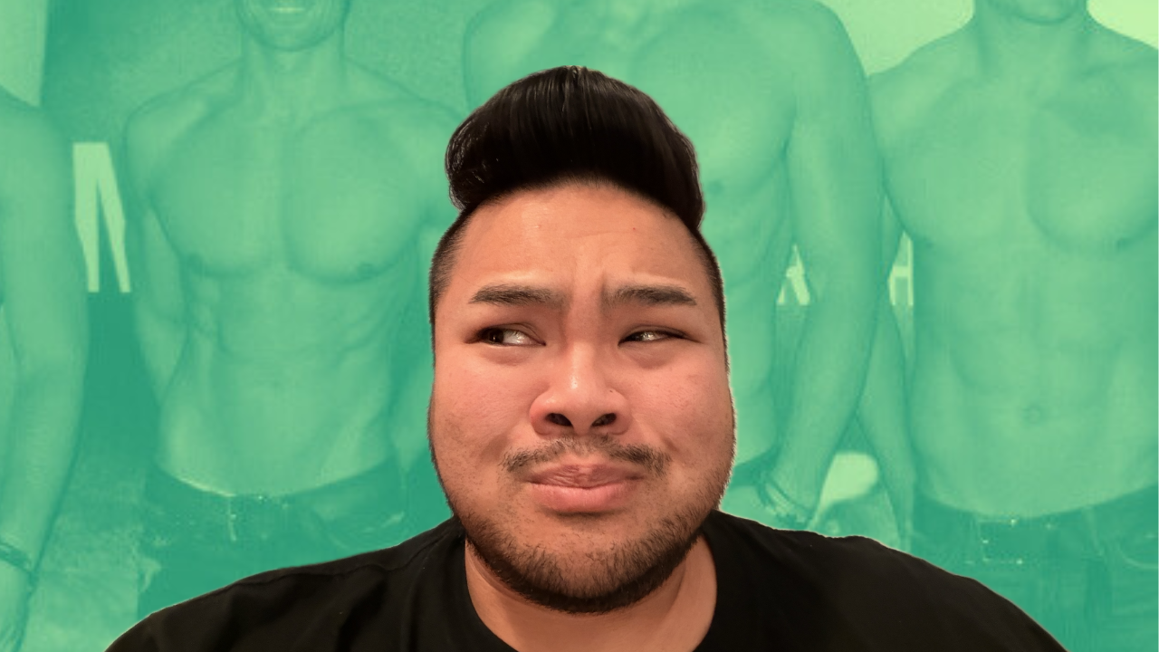 RV Mendoza glances sideways in front of a green-tinted image of shirtless men.