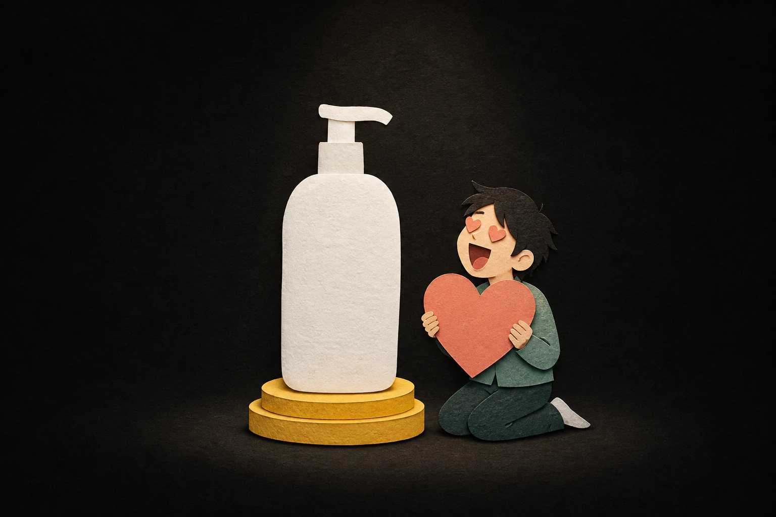A paper-cut fan with heart-shaped eyes kneels beside an oversized bottle of lotion while holding a large heart.