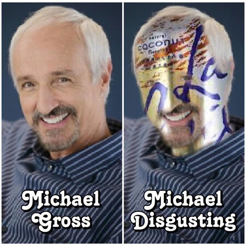 A Michael Gross and “Michael Disgusting” meme with Coconut LaCroix edited over his face.