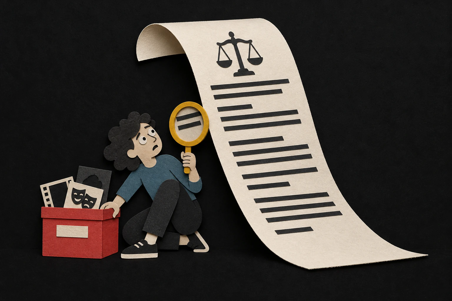 A paper-cut creator studies an oversized contract with a magnifying glass while holding a box of creative work.