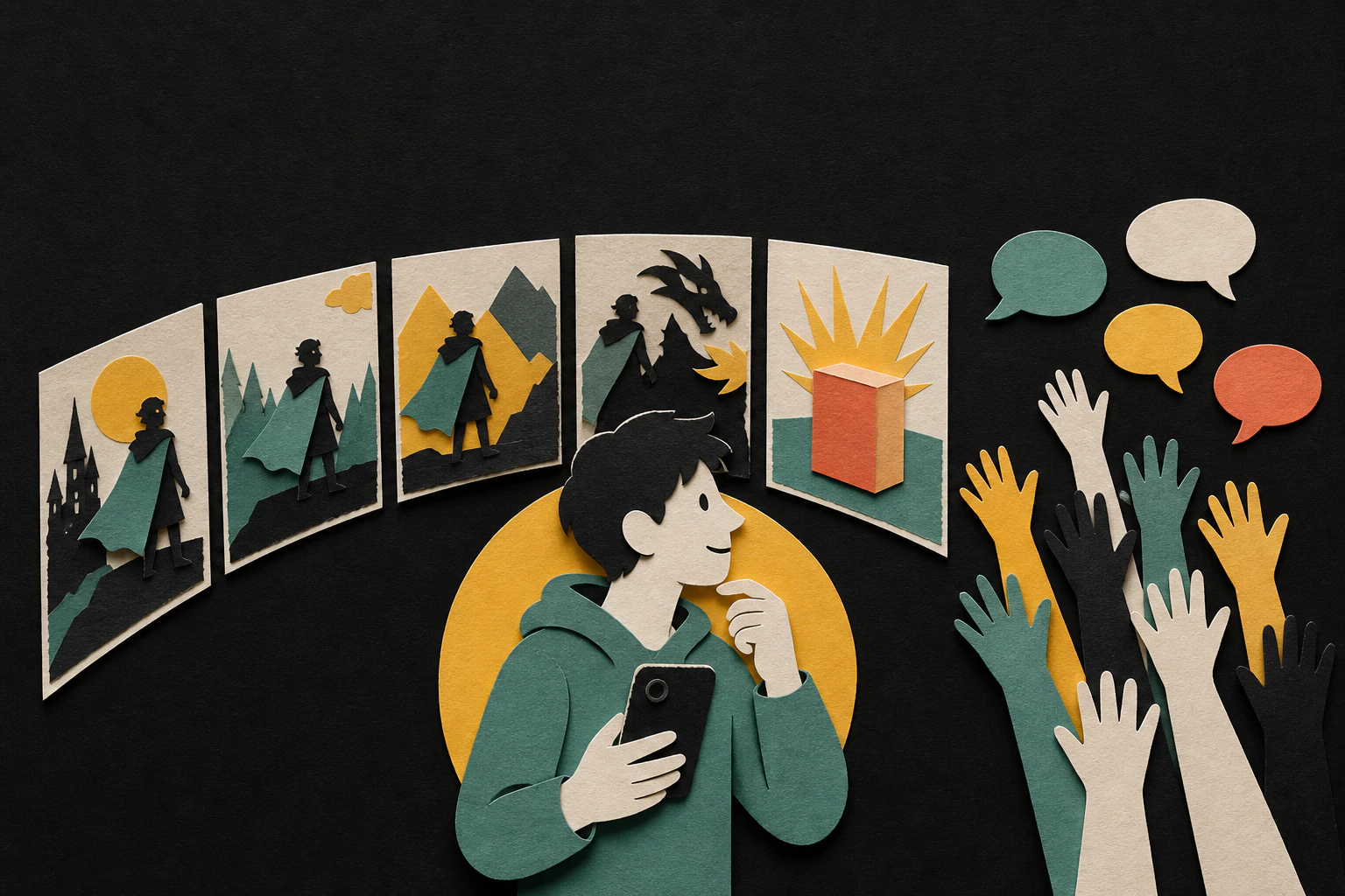 A paper-cut creator holds a phone beside a sequence of recurring fantasy scenes while audience members raise their hands and a product appears in the next installment.