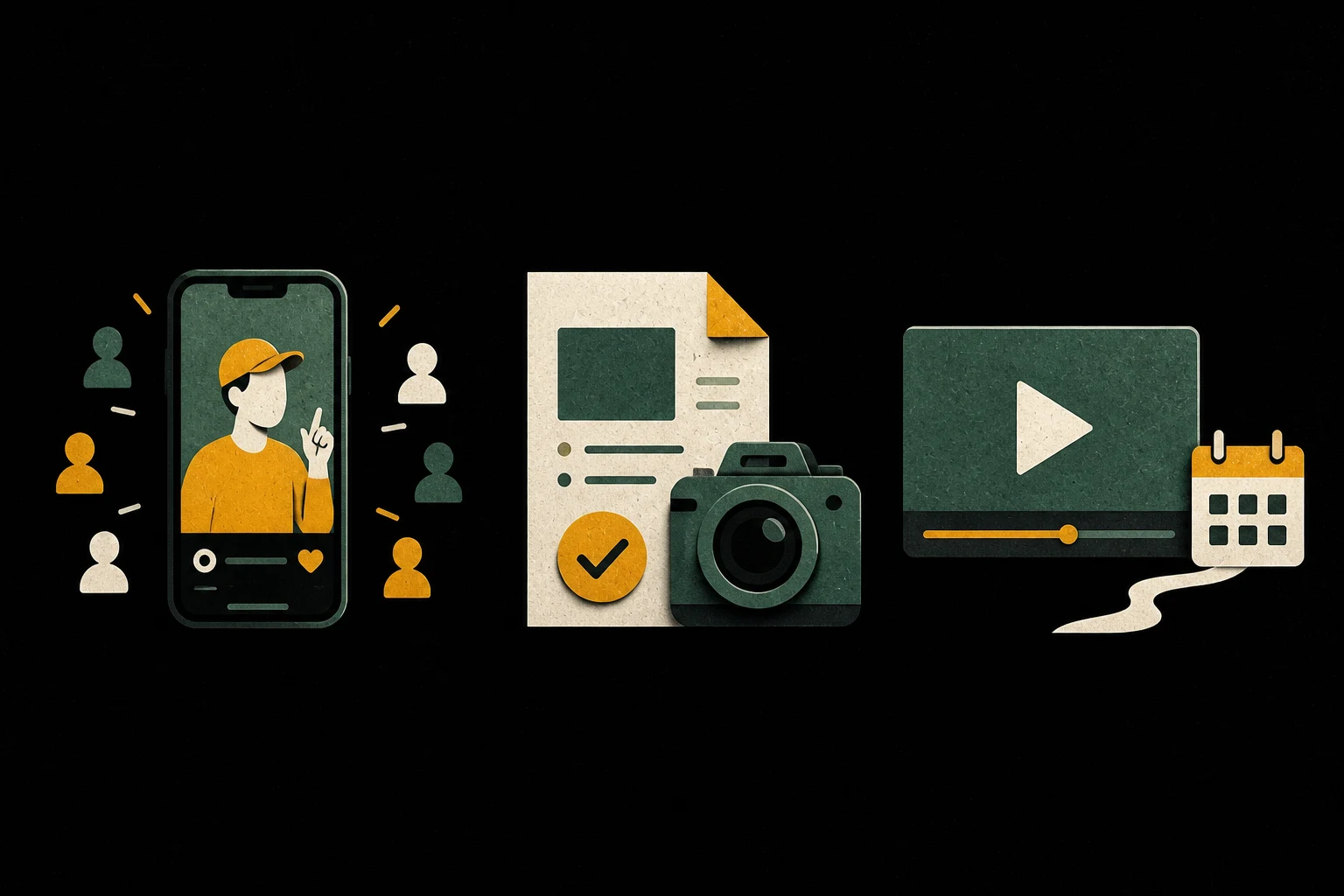 Three creator-business scenes: a creator video reaching viewers, a campaign brief with a camera, and a video player beside a calendar.