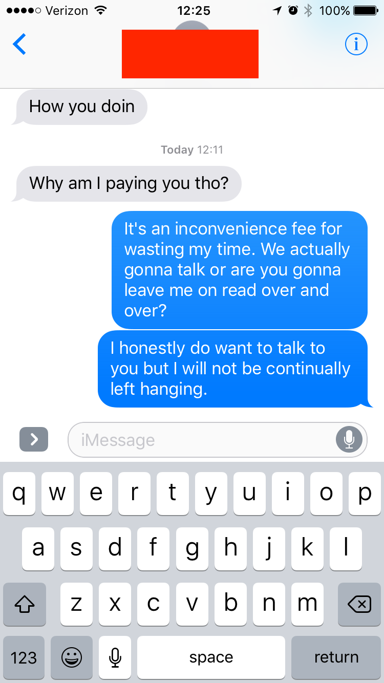 A text explaining that the $24 request was an inconvenience fee for repeatedly wasting my time
