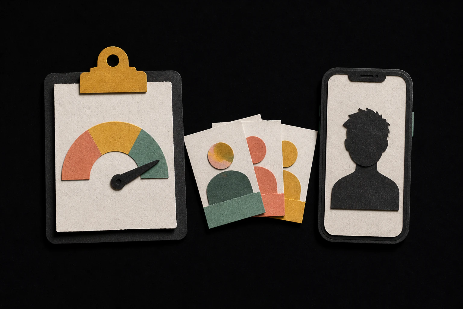 A paper-cut clipboard with an audience gauge sits beside profile cards and a phone showing a creator silhouette.