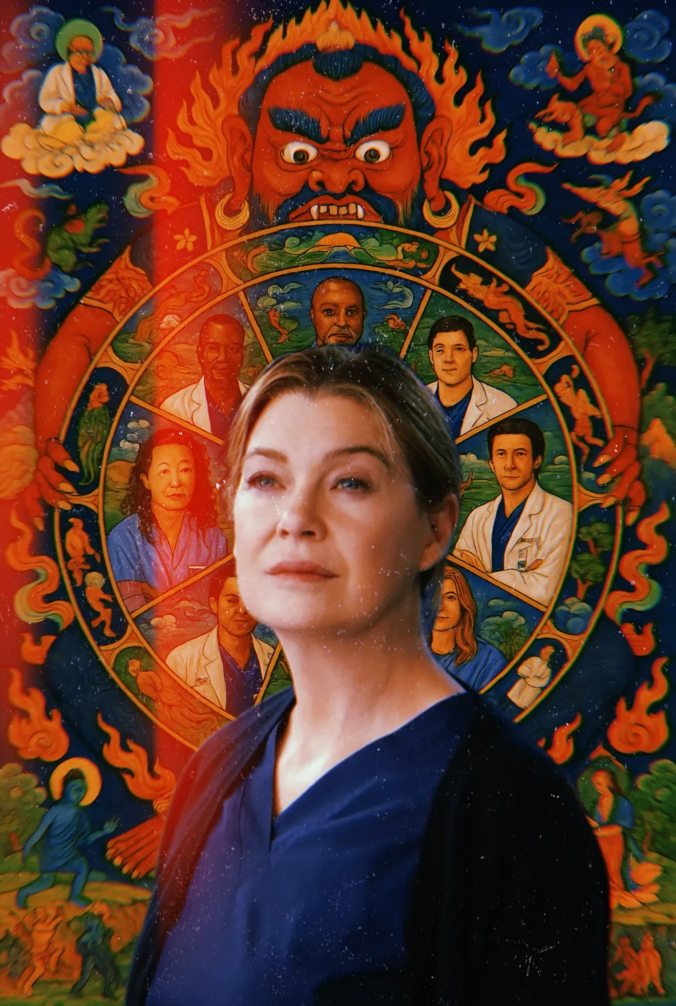 Meredith Grey appears in front of a painted Buddhist wheel of life filled with Grey’s Anatomy characters.
