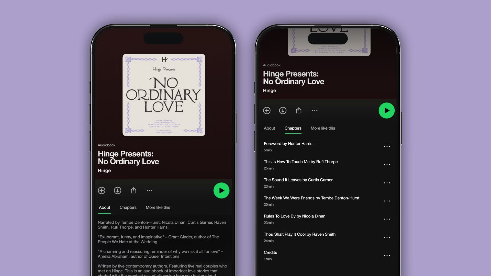 Two phone screens show Hinge’s No Ordinary Love audiobook on Spotify against a lavender background.