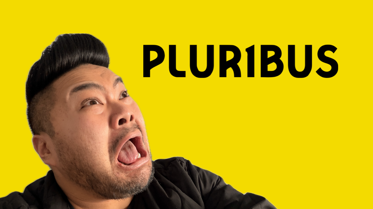 RV Mendoza reacts with surprise against a yellow background beside the word “Pluribus.”