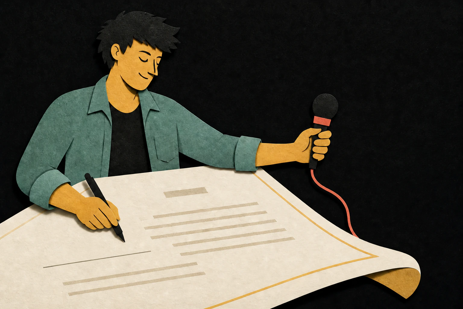 A paper-cut creator holds a pen over a blank signature line on an oversized contract while holding a microphone beyond its edge.