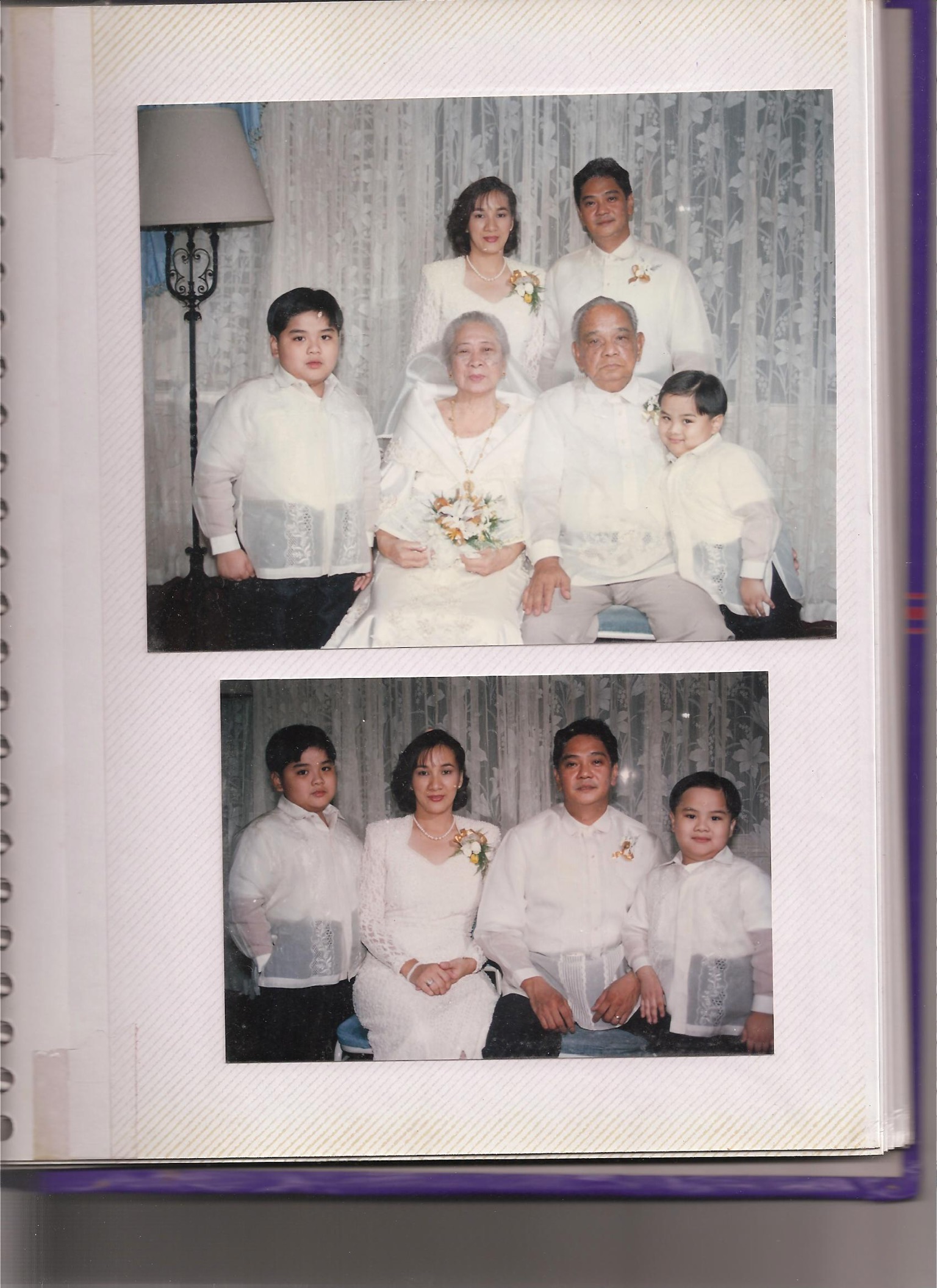 Two family portraits in an album show RV Mendoza as a child with his parents and grandparents, all wearing formal Filipino clothing.