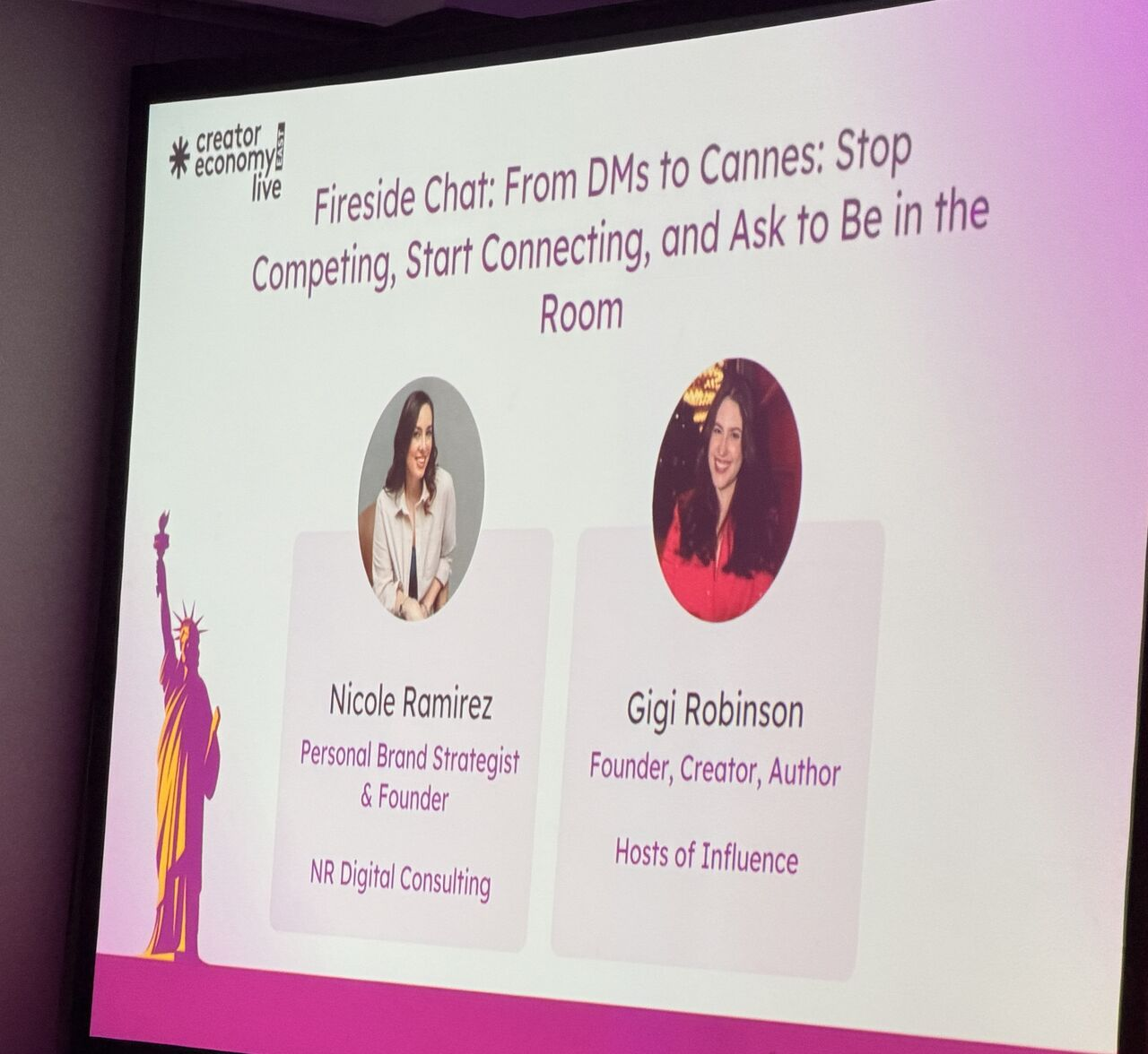 A Creator Economy Live East slide introduces Nicole Ramirez and Gigi Robinson for a conversation about connection and opportunity.