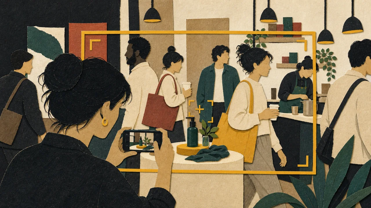An illustrated creator frames a product shot in a busy public space while customers and an employee also enter the recording area.