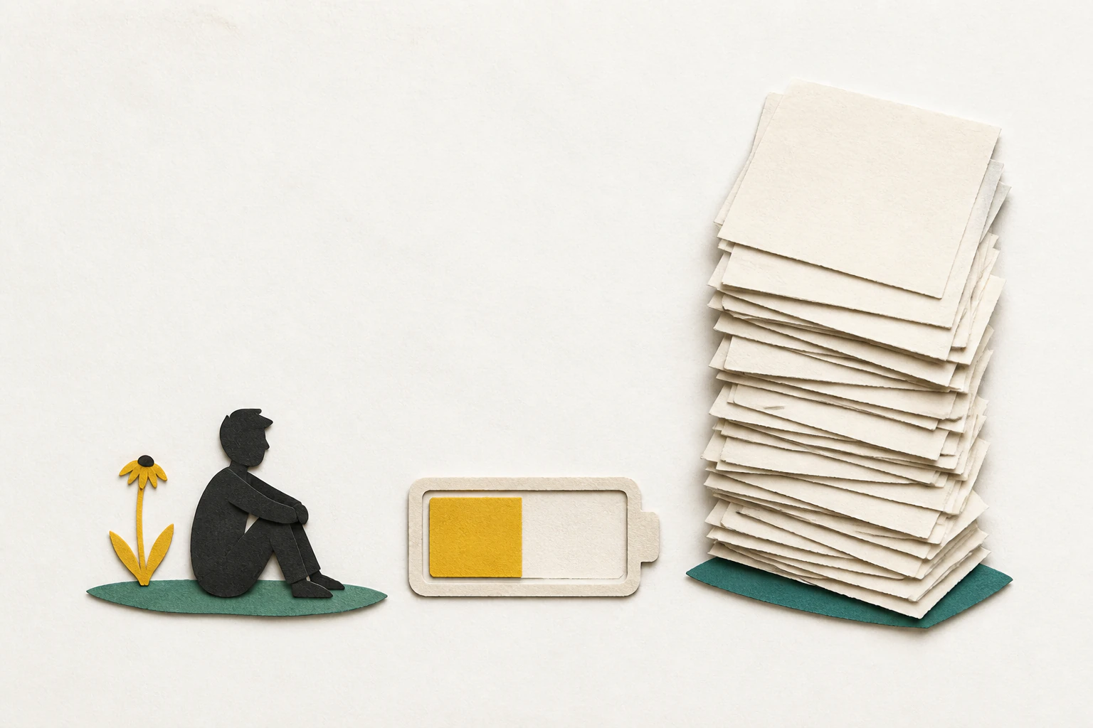 A seated paper figure faces a partly filled battery gauge and a towering stack of task cards.