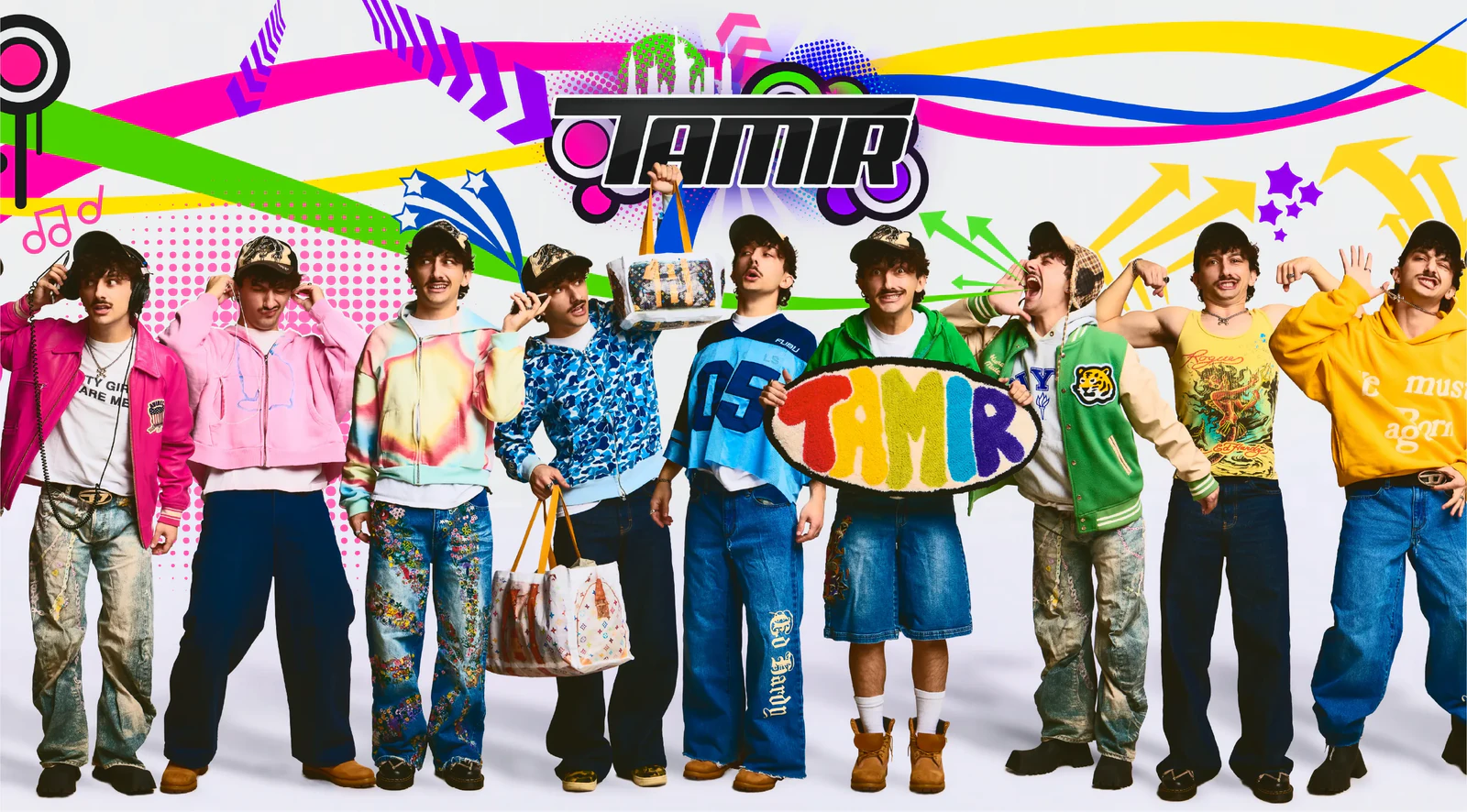 Tamir Omari appears in a row of colorful outfits and poses beneath his name against a bright early-internet-inspired background.
