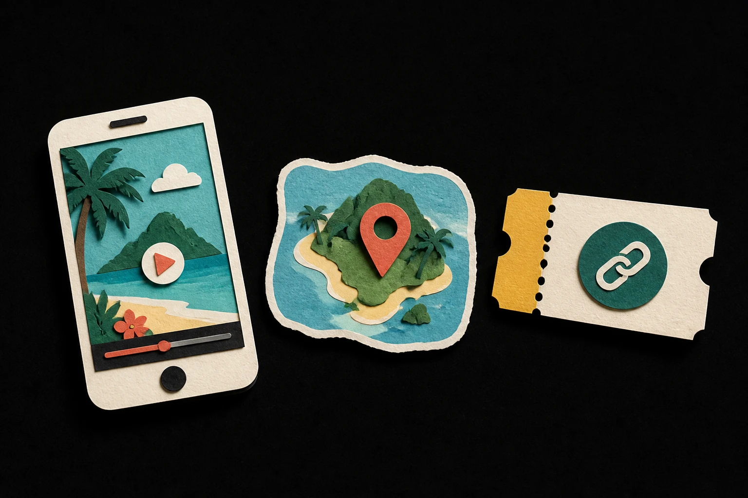 A paper-cut phone showing a tropical travel video sits beside an island map and a booking ticket with a link symbol.
