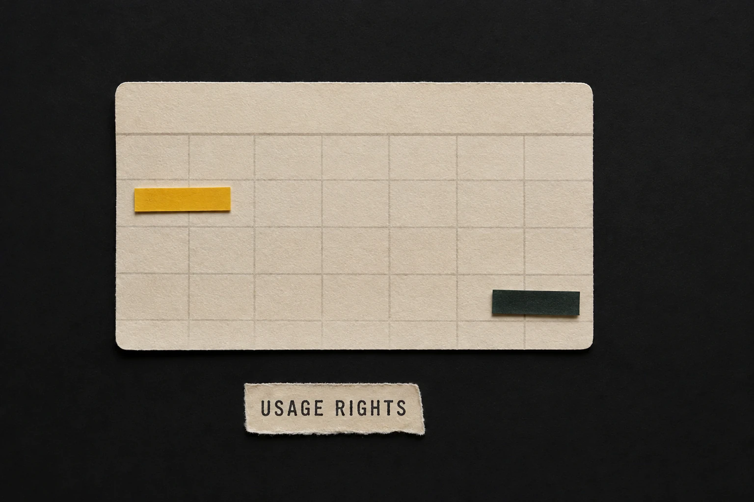 A handmade paper calendar has two colored usage periods separated by empty space above a torn label reading Usage Rights.