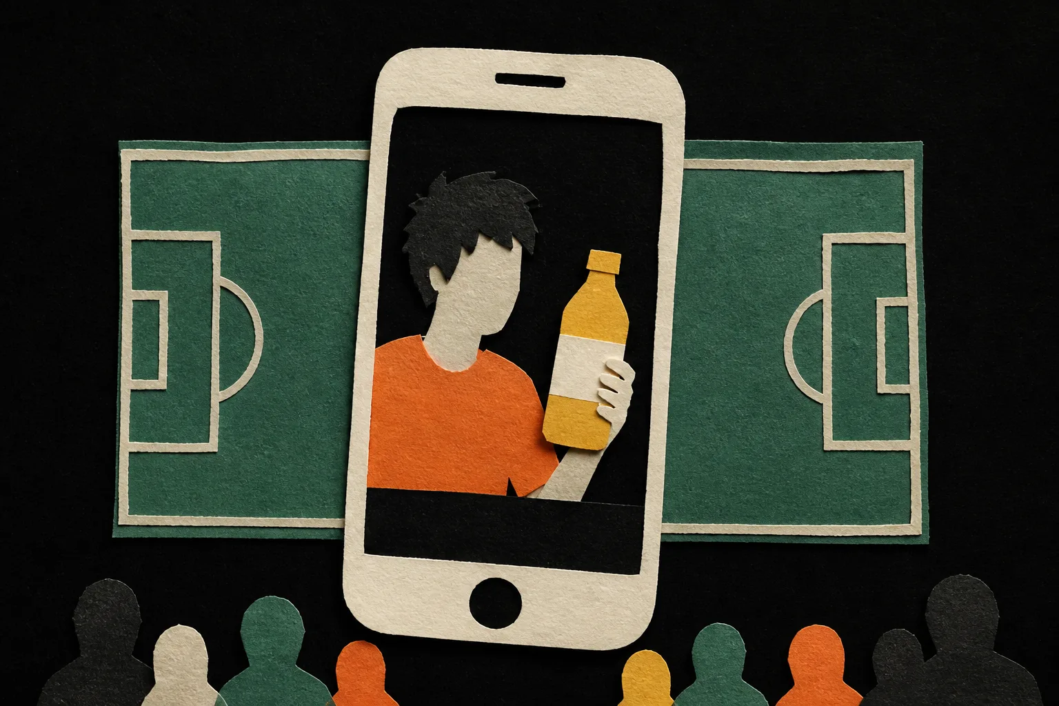 A stylized stadium crowd watches a soccer hydration break while a phone shows a creator video with an unbranded bottle naturally inside the scene.
